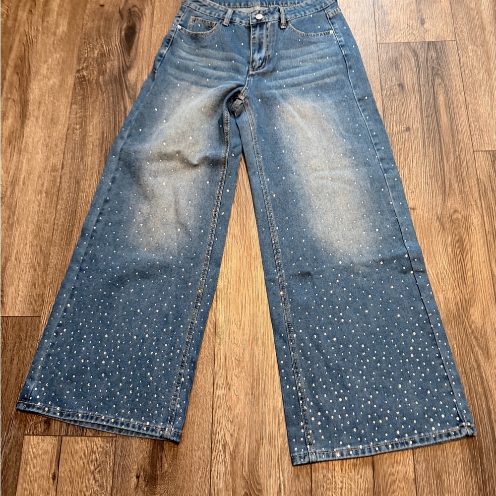 Women's Blue Jeweled Wide-Leg Jeans - Picture 2 of 4